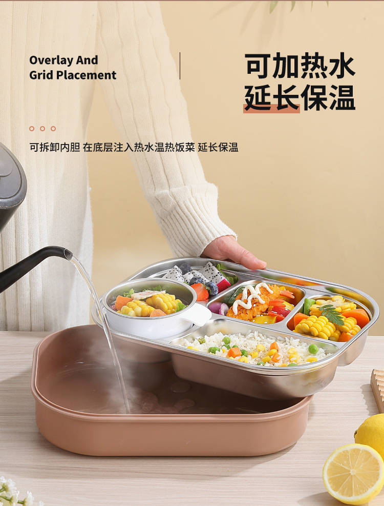 304不锈钢饭盒学生女5格大号保温便当盒大容量上班男餐盘便携餐盒详情7