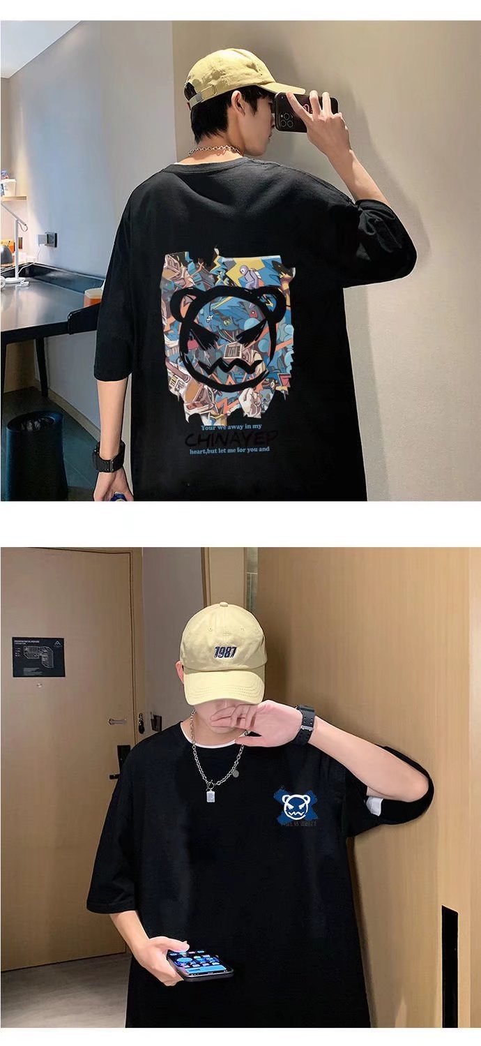 Summer Hong Kong-style devil graffiti short-sleeved T-shirt for men, ins trend loose couple half-sleeved T-shirt for casual wear, thin clothes pic 9