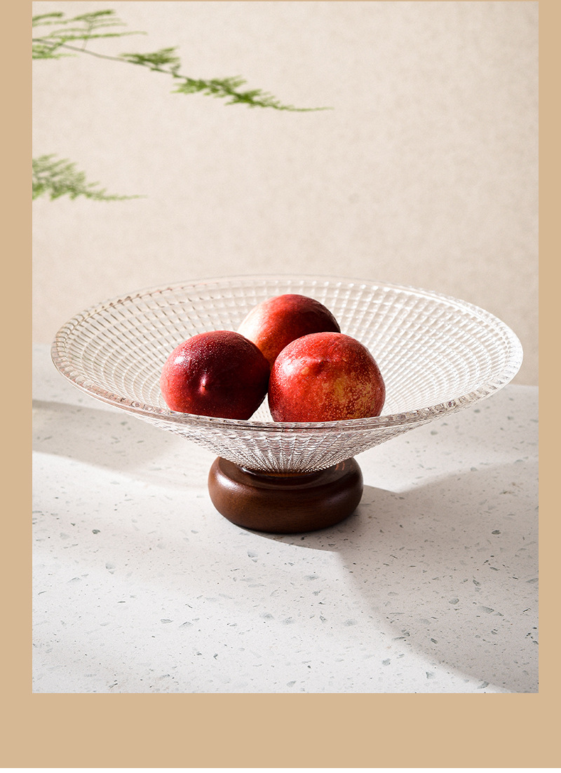 欢乐淘家用客厅水果盘轻奢下午茶玻璃零食盘橡胶木高脚点心糖果盘详情9