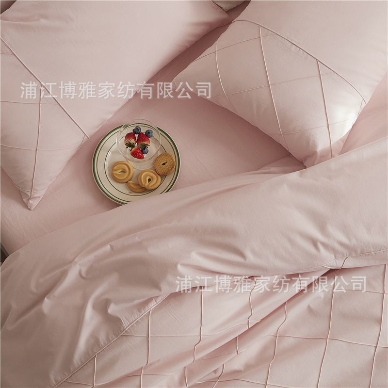 Wholesale of high-quality three or four-piece sets of washed cotton 40-count hand-knitted rhombus-shaped checkered plain pure cotton bedding pic 10