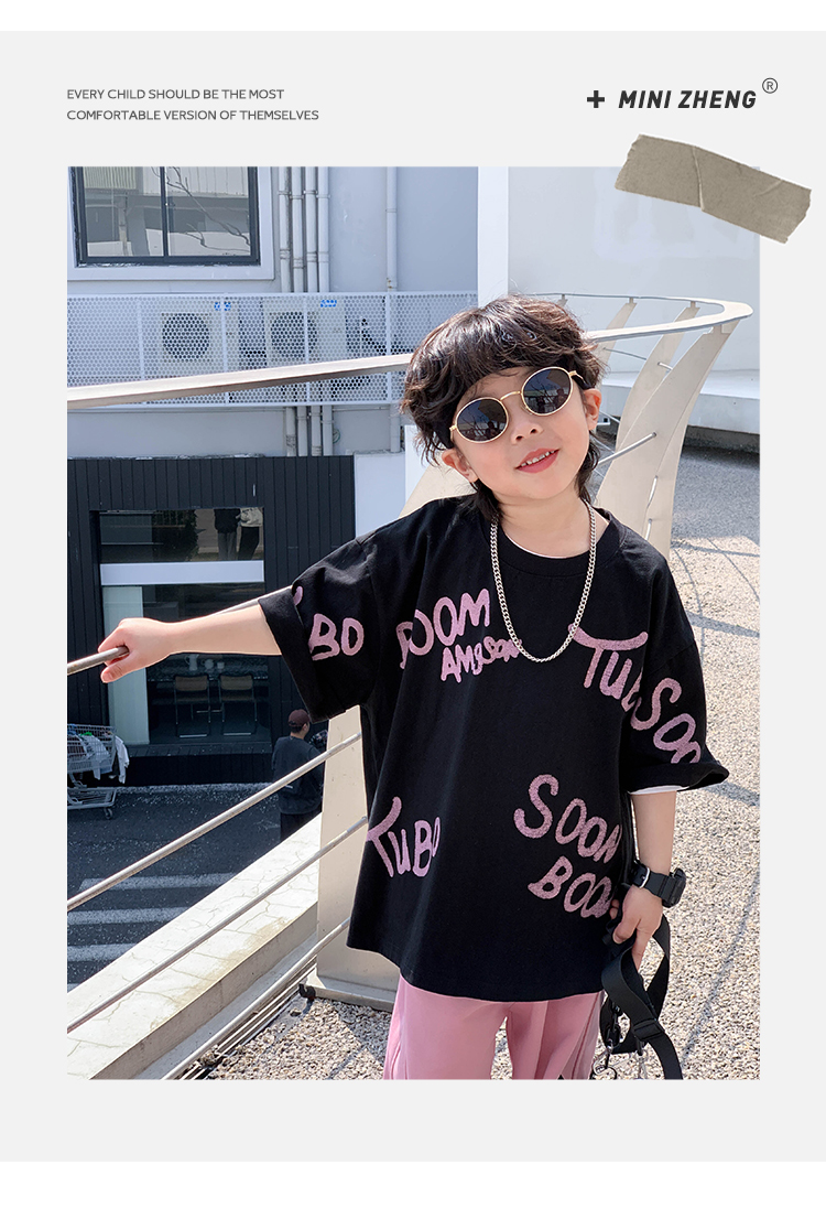 小小郑童装儿童夏装中大童痞帅棉粉黑字母男童短袖t恤2024新款详情2