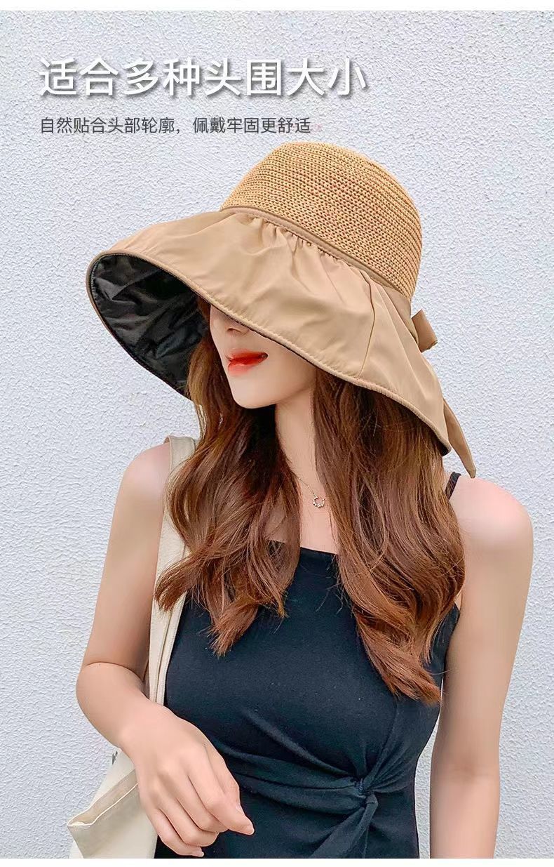 夏季防晒黑胶蝴蝶结遮阳帽女日韩帽子防紫外线大檐遮脸太阳空顶帽详情7