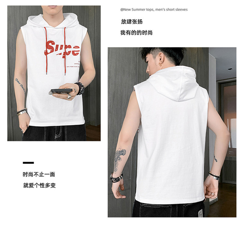 【一件代发】2023夏季新款男士连帽无袖背心韩版纯棉经典百搭坎肩详情9