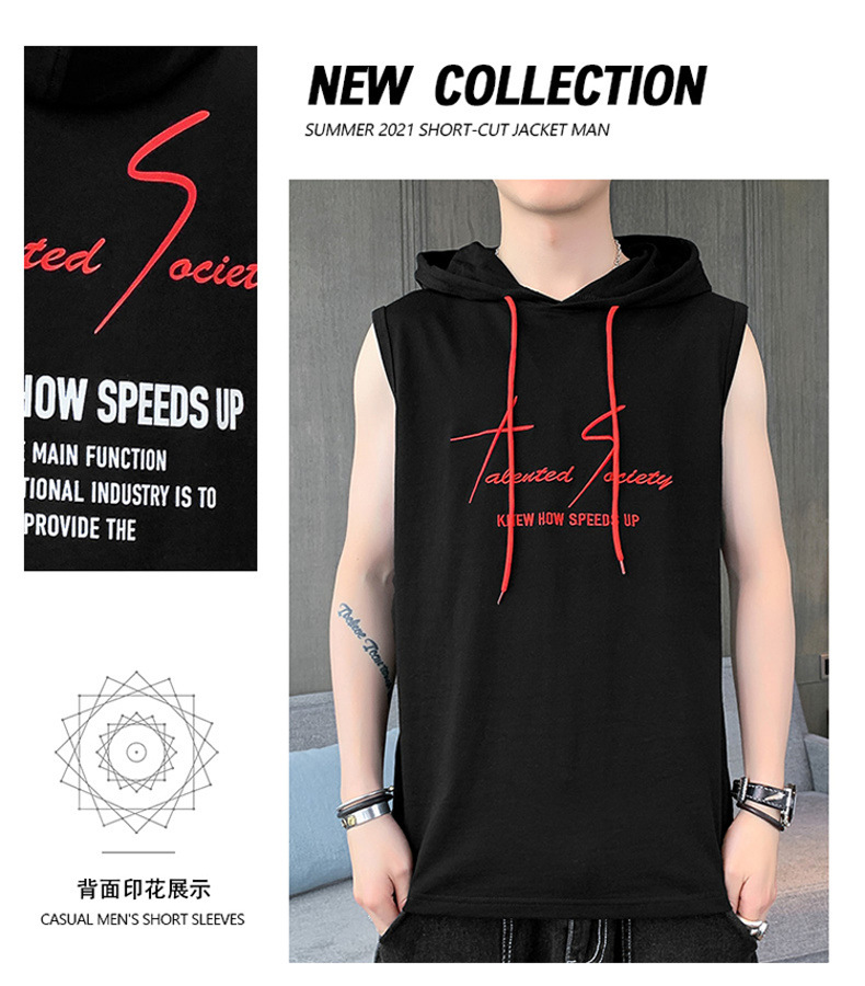 【一件代发】2023夏季新款男士连帽无袖背心韩版纯棉经典百搭坎肩详情31