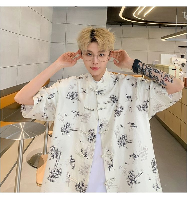 国潮青少年中国风竹子免烫处理短袖衬衫男夏季新中式盘扣潮流宽松半袖详情18