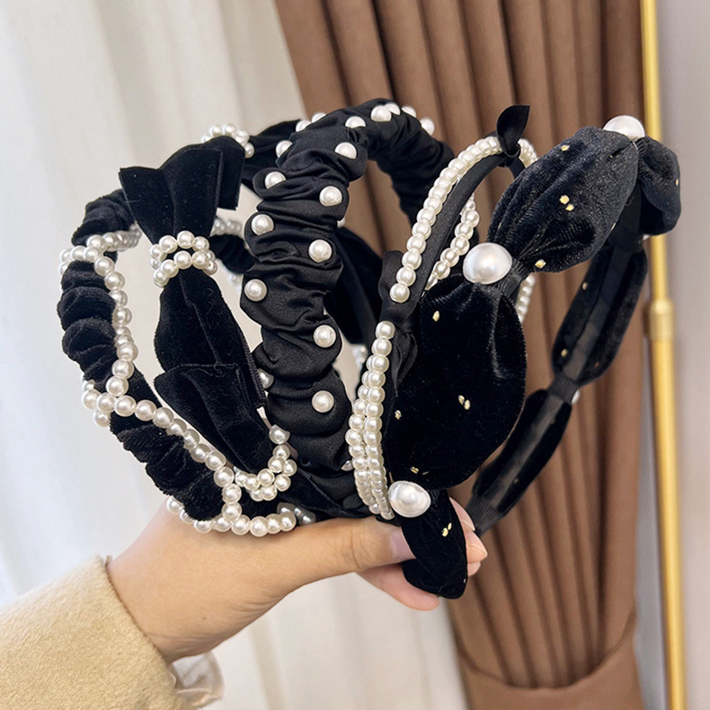 French elegant black hairband, sweet pearl braided hairpin, knitted height-increasing headband, wide-edge hairpin for women pic 6