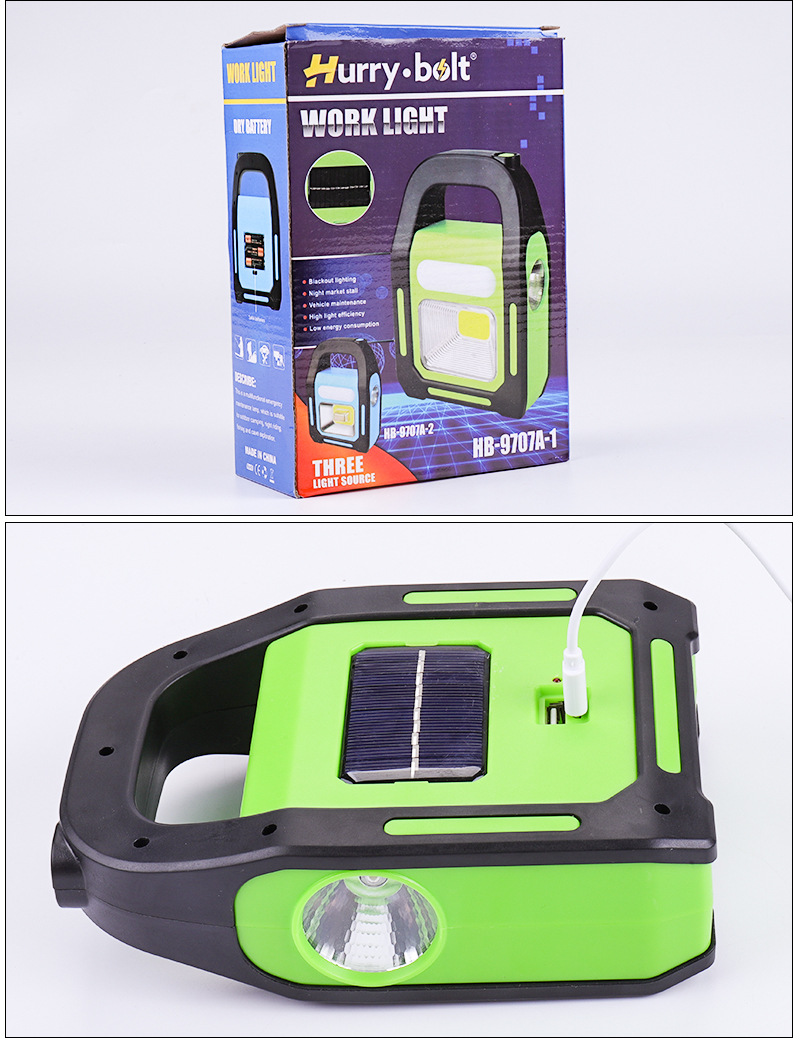 LED outdoor portable work light, searchlight, solar cob camping light, built-in USB charging searchlight pic 12