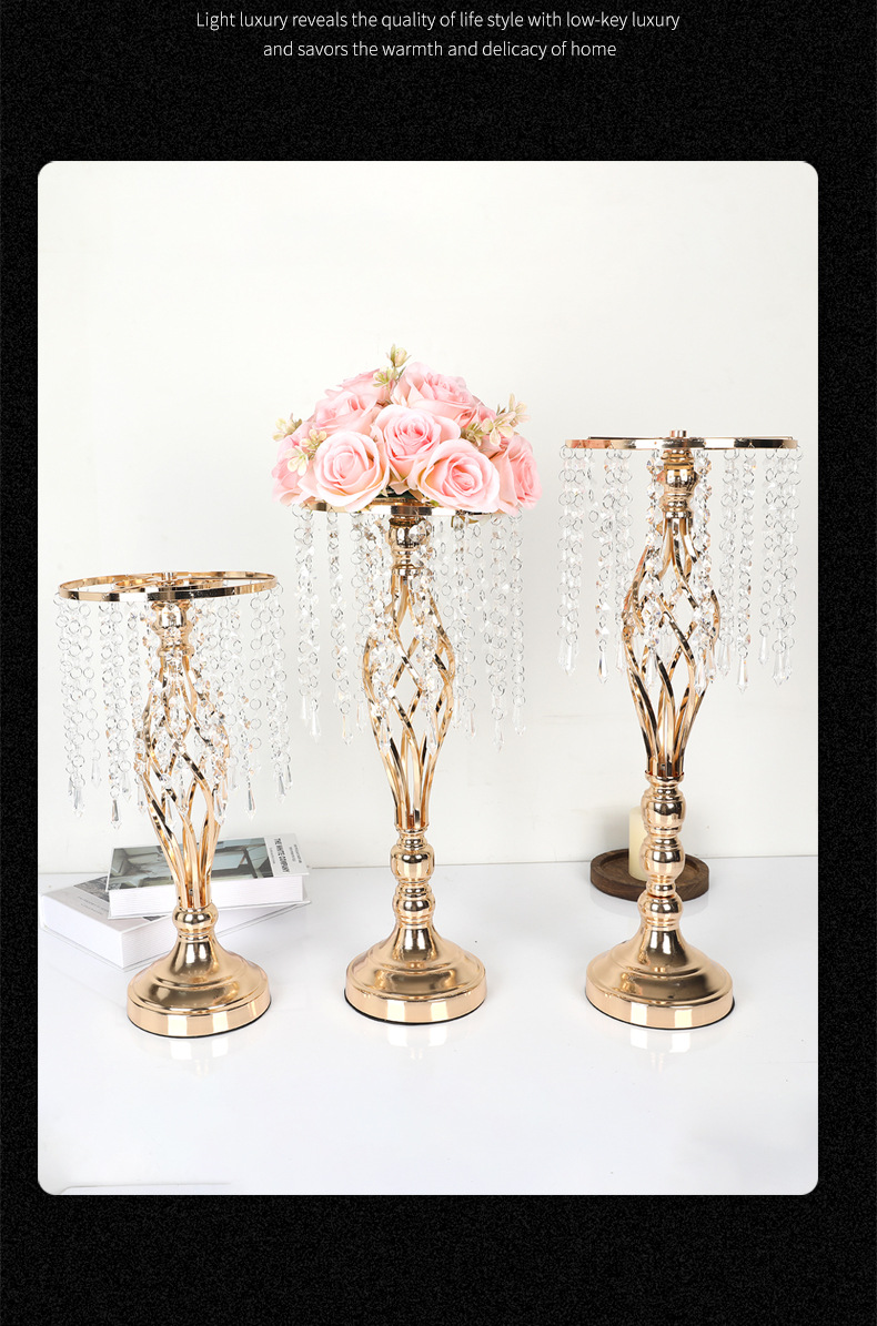 Cross-border Amazon metal ironwork flower stand, crystal acrylic hanging bead flower vase, gold electroplated wedding table decoration pic 24