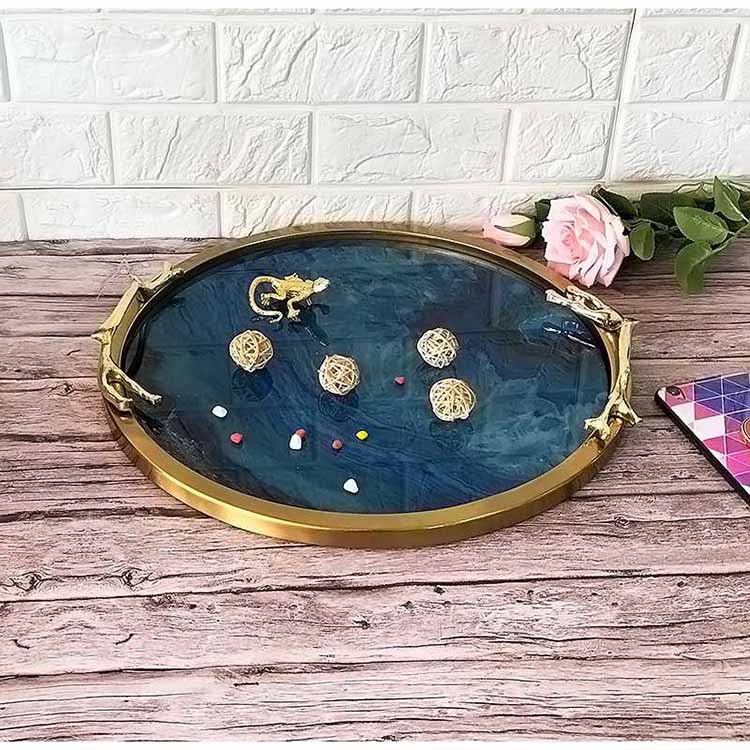 厂家简约纯铜蓝玛瑙收纳圆形茶托盘样板房家居餐厅摆件金属工艺品详情4