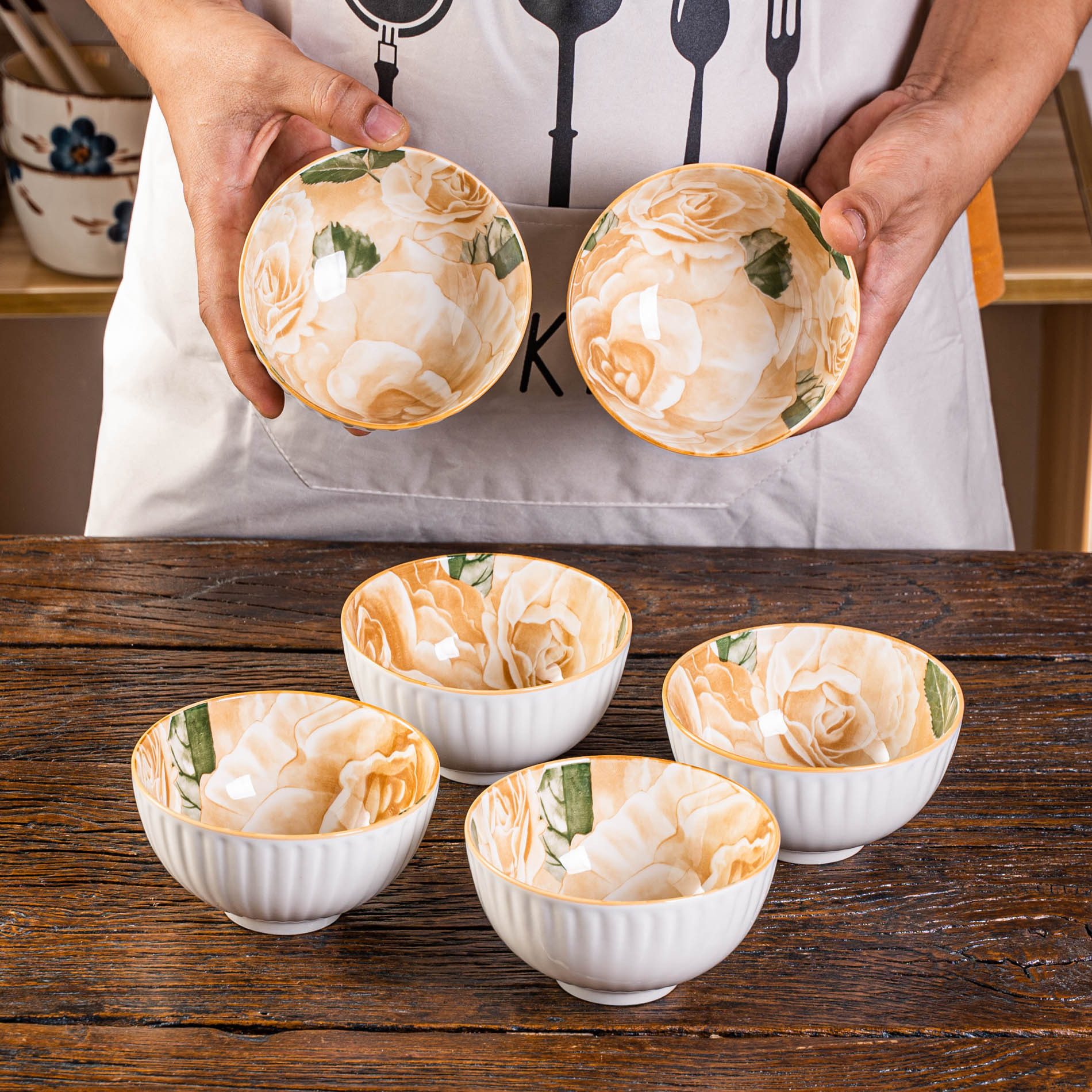 釉下彩陶瓷4.5英寸米饭碗汤碗家用商端中式餐具灰黄牡丹套装6个装详情8