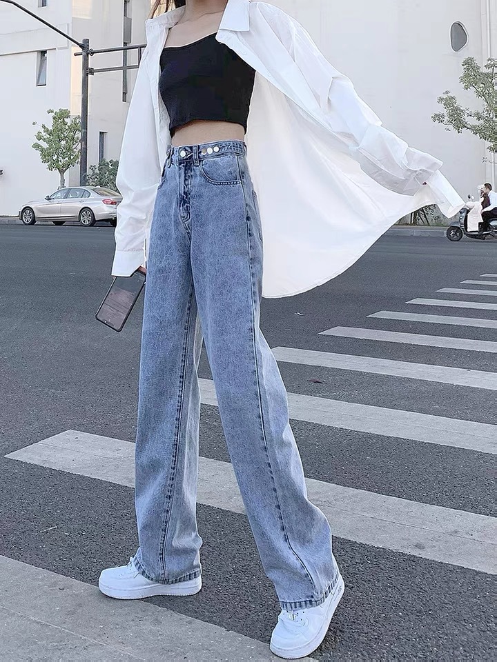 2022 Summer new style denim long pants for women, Korean high-waisted, slimming, floor-length wide-leg pants, wholesale from foreign trade street stalls pic 17
