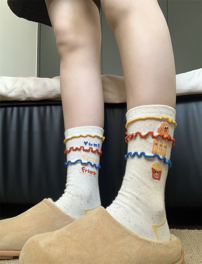 韩国东大门汉堡薯条中筒袜子女搞怪可爱条纹卡通涂鸦袜纯棉堆堆袜详情5