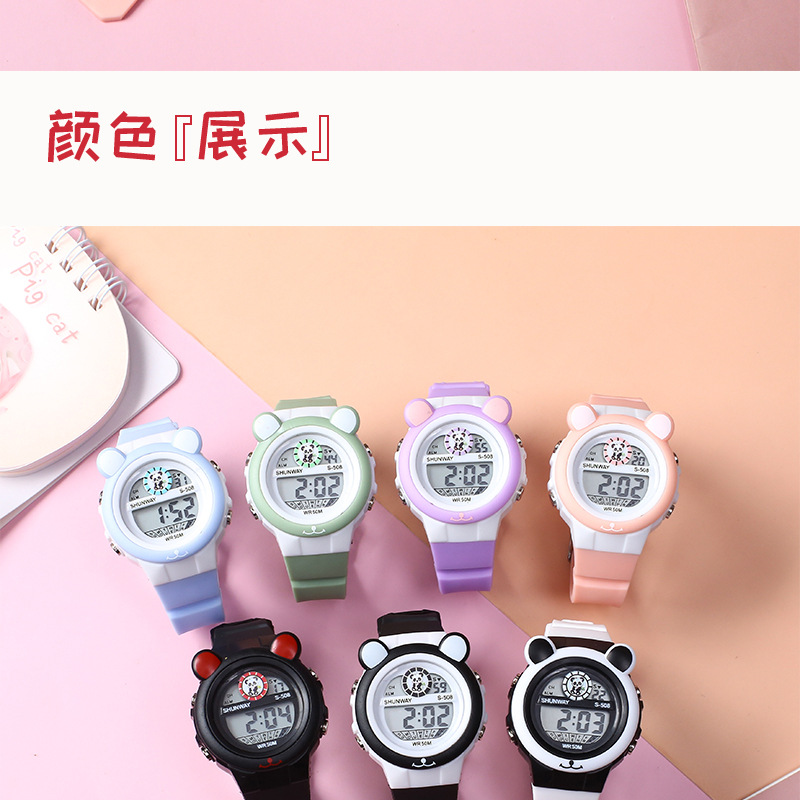 新款现货熊猫卡通儿童电子手表学生党防水夜光多功能闹钟电子表详情10