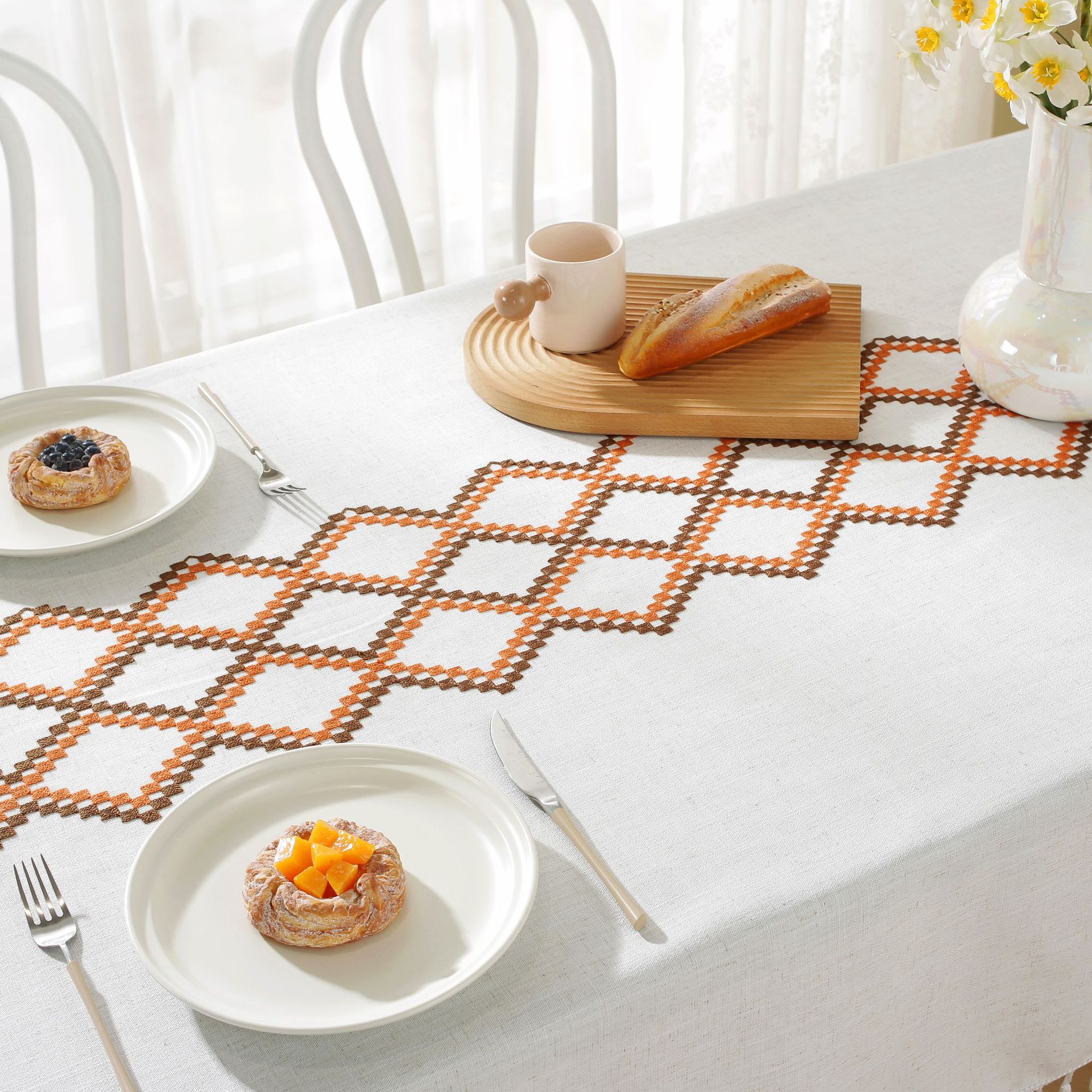 New linen embroidered cross tablecloth, solid color tablecloth, coffee table pad, cotton and linen decorative table, ins style bestseller, rectangular pic 6