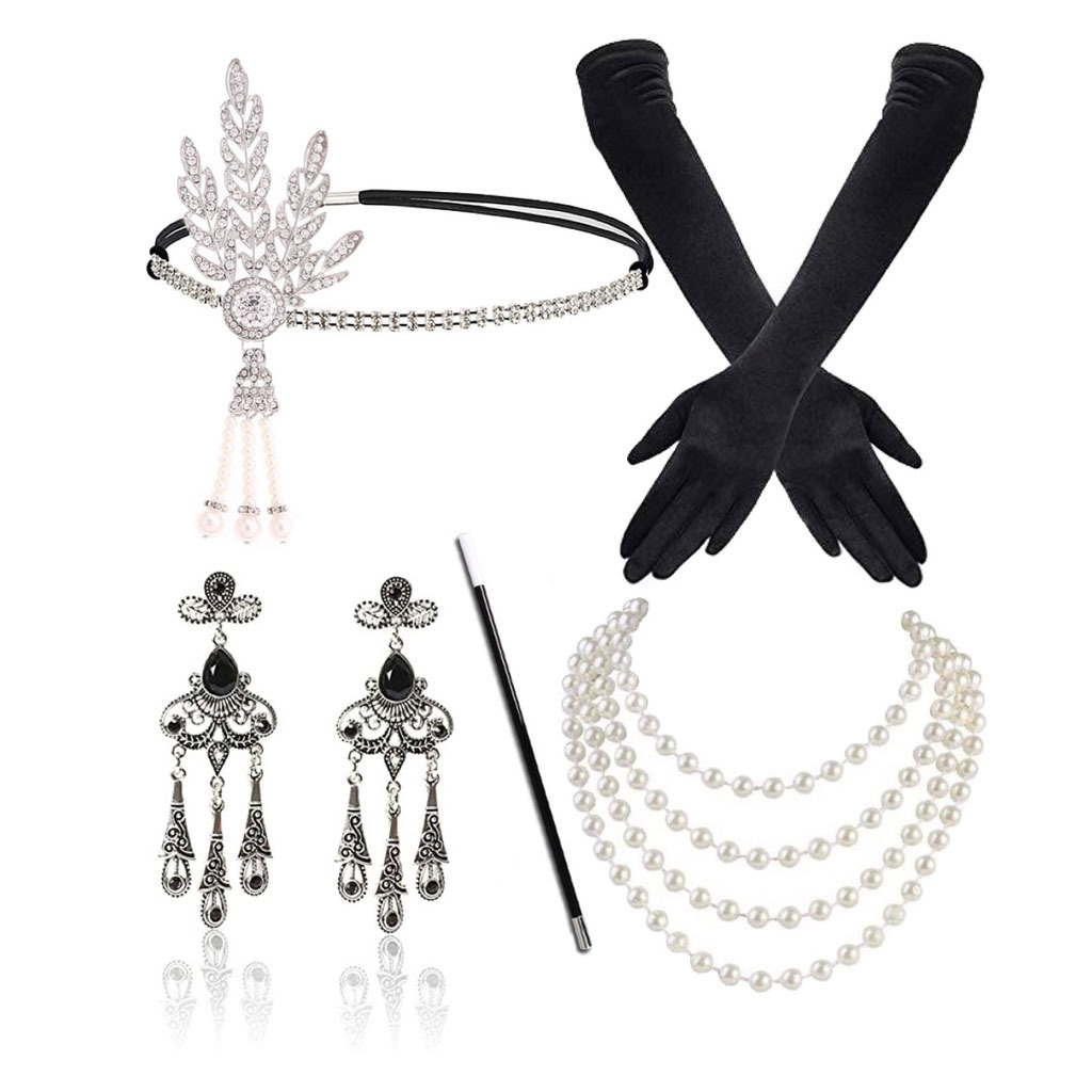 Gatsby Party Feather alloy headband, pearl necklace, cigarette stick glove set, retro Hepburn outfit accessories pic 10