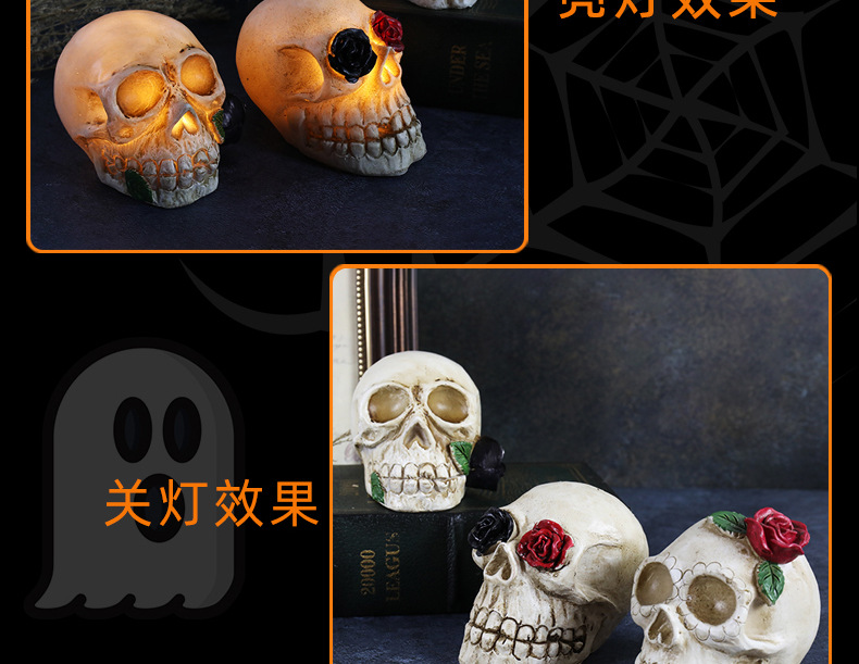 跨境新款万圣节发光树脂骷髅头LED恐怖骷髅装扮道具万圣节装饰品详情6