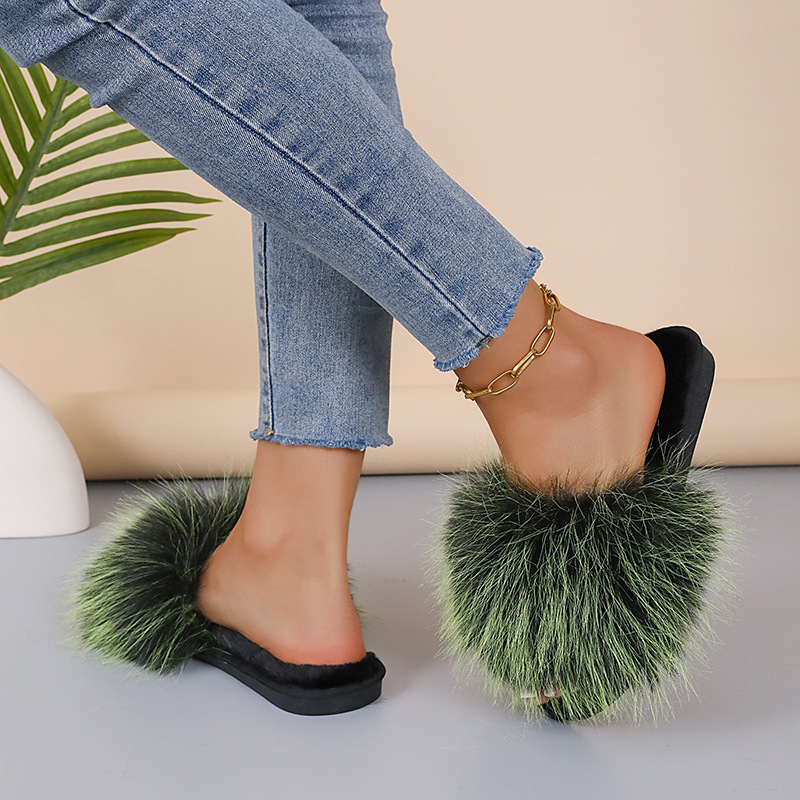 2024新款长毛绒拼色平底毛毛拖鞋女秋冬居家室内地板拖外贸一字拖详情14