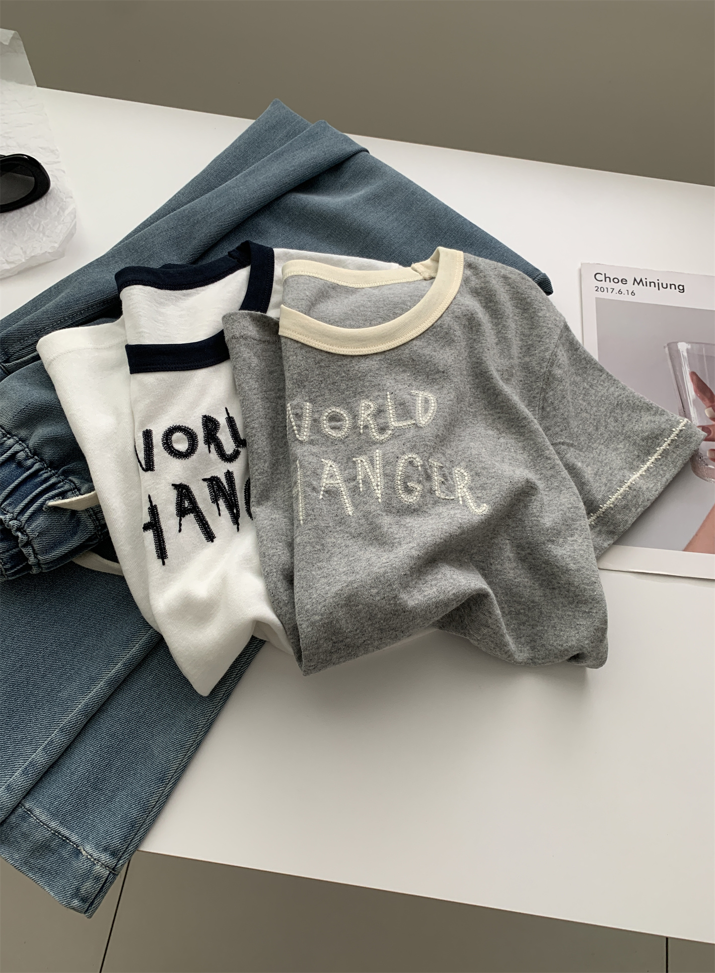 Summer thin, breathable snowflake cotton letter-shaped T-shirt for women, color-blocking round-neck lace embroidered loose short-sleeved top pic 20