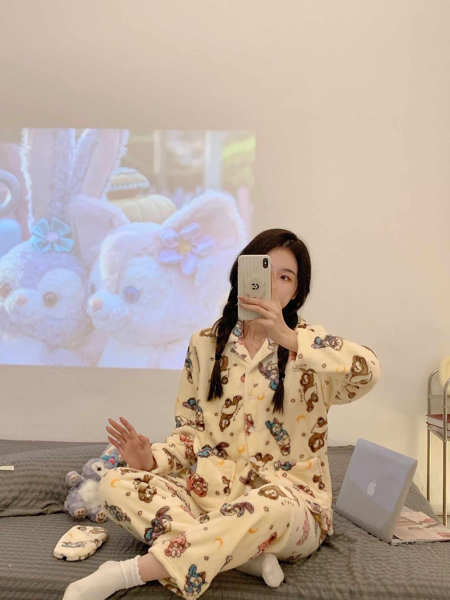 冬季法兰绒女士睡衣翻领开衫长袖长裤少女卡通可爱保暖家居服套装详情7