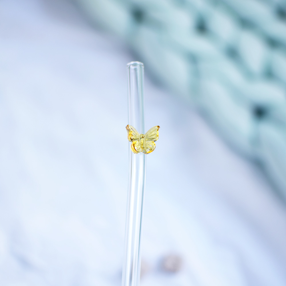 定制高硼硅透明玻璃吸管蝴蝶结樱桃爱心创意手工花朵饮料弯管20CM详情6