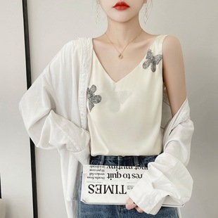 夏季女装上衣新款短袖女式冰丝针织T恤女V领t恤拼色宽松一件代发详情9