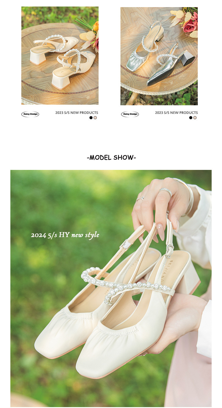 333-23 珍珠水钻凉鞋女外穿一字带粗跟方头羊皮中跟后绊带玛丽珍详情10