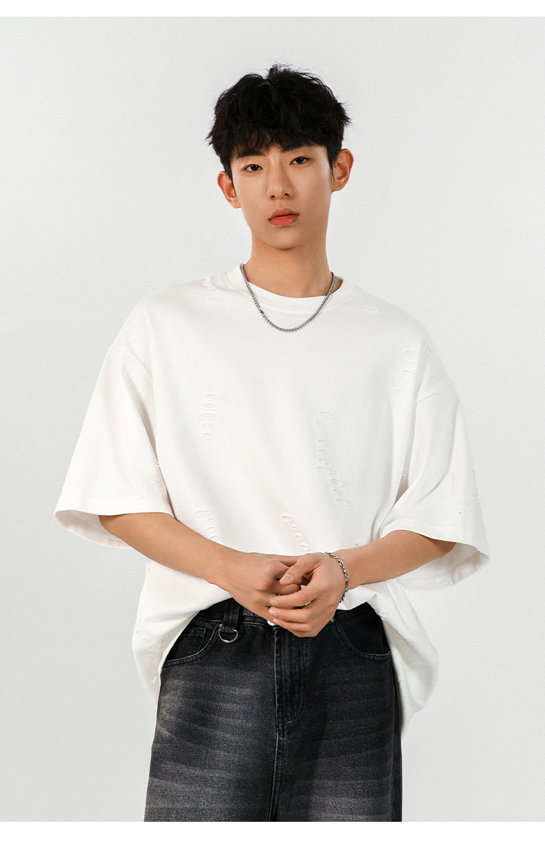 质感肌理不规则破洞短袖T恤男女夏季新款潮牌宽松情侣半袖体恤衫详情12