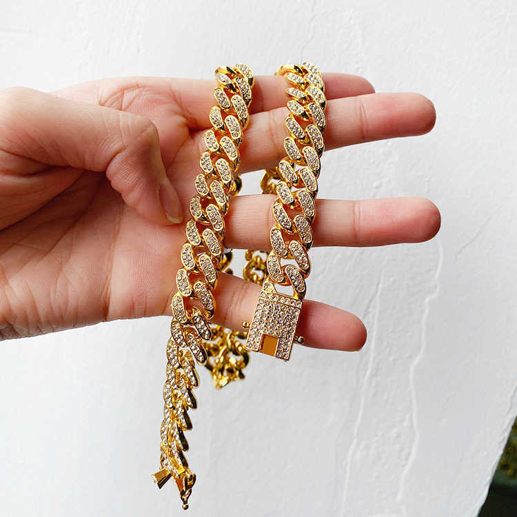 欧美合金线条古巴链镶钻手链13毫米满钻男女士嘻哈风镀金项链详情24