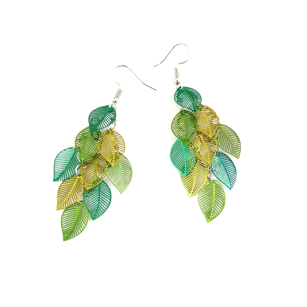 New European and American color-blocked leaf nine-piece earrings, fresh and colorful tassel leaf earrings, cross-border popular earrings pic 12