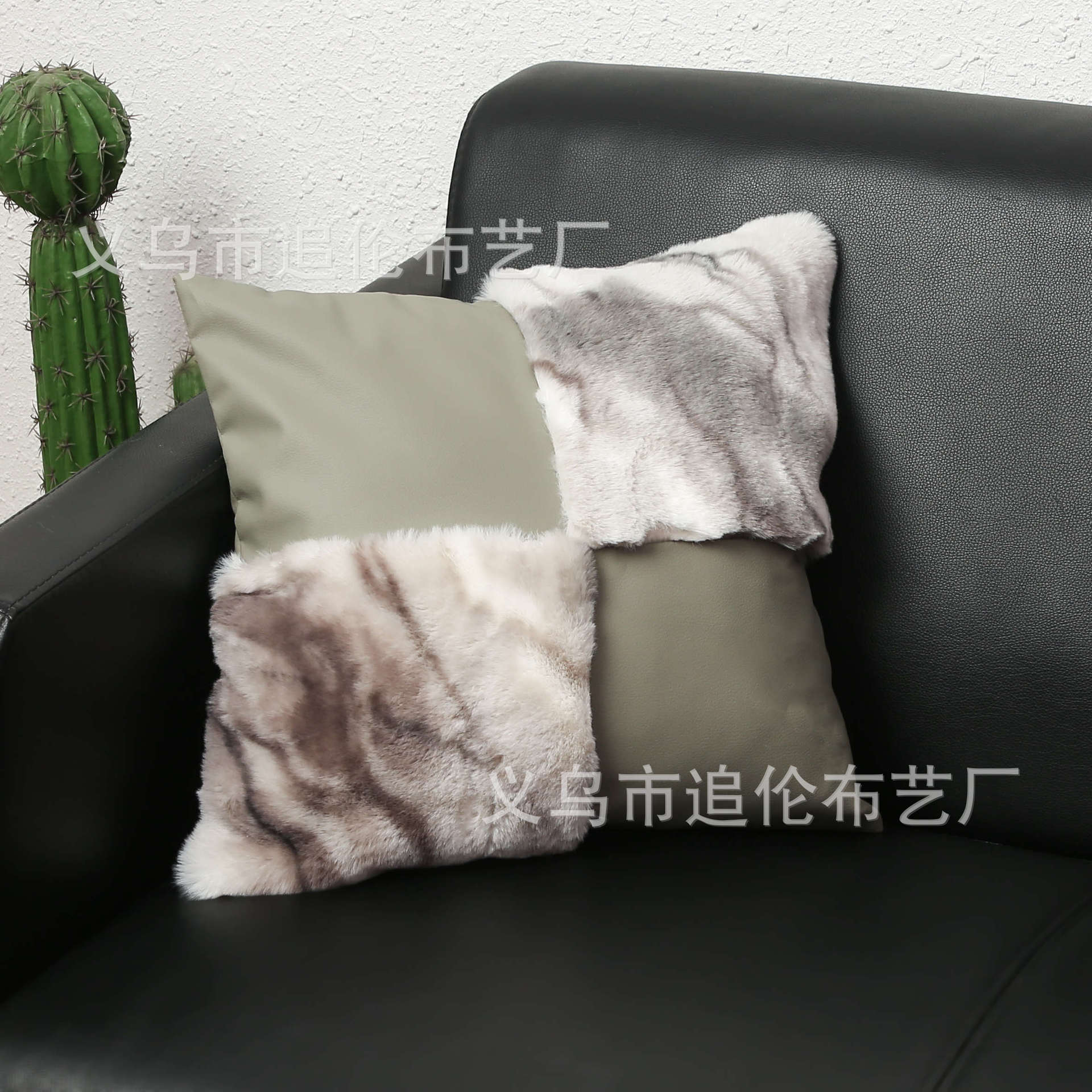皮革抱枕套新款方格兔绒动物纹高级耐脏可洗靠垫套详情5