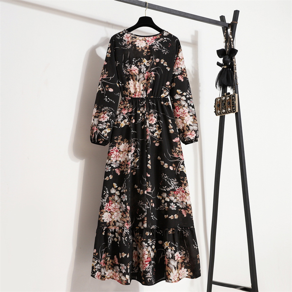 European and American floral long, round-neck, long-sleeved, waist-cinching and slimming dress pic 84