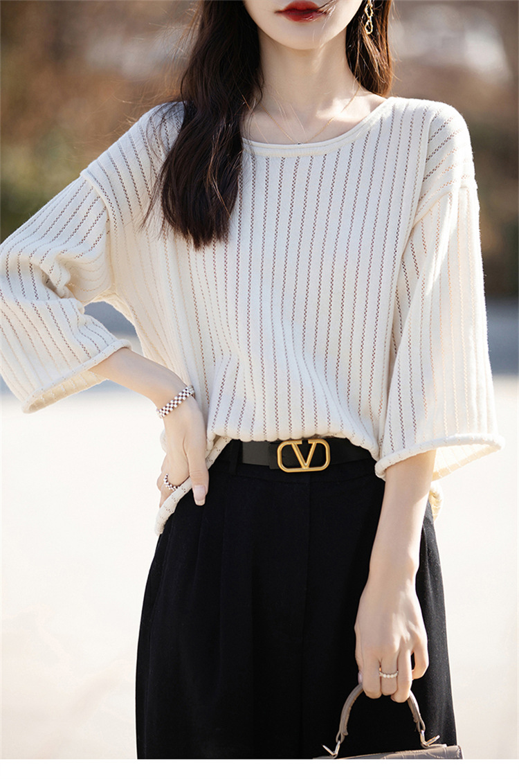 七分袖中袖夏女装纯棉镂空针织套头T恤清凉针织衫宽松版套头大码详情26