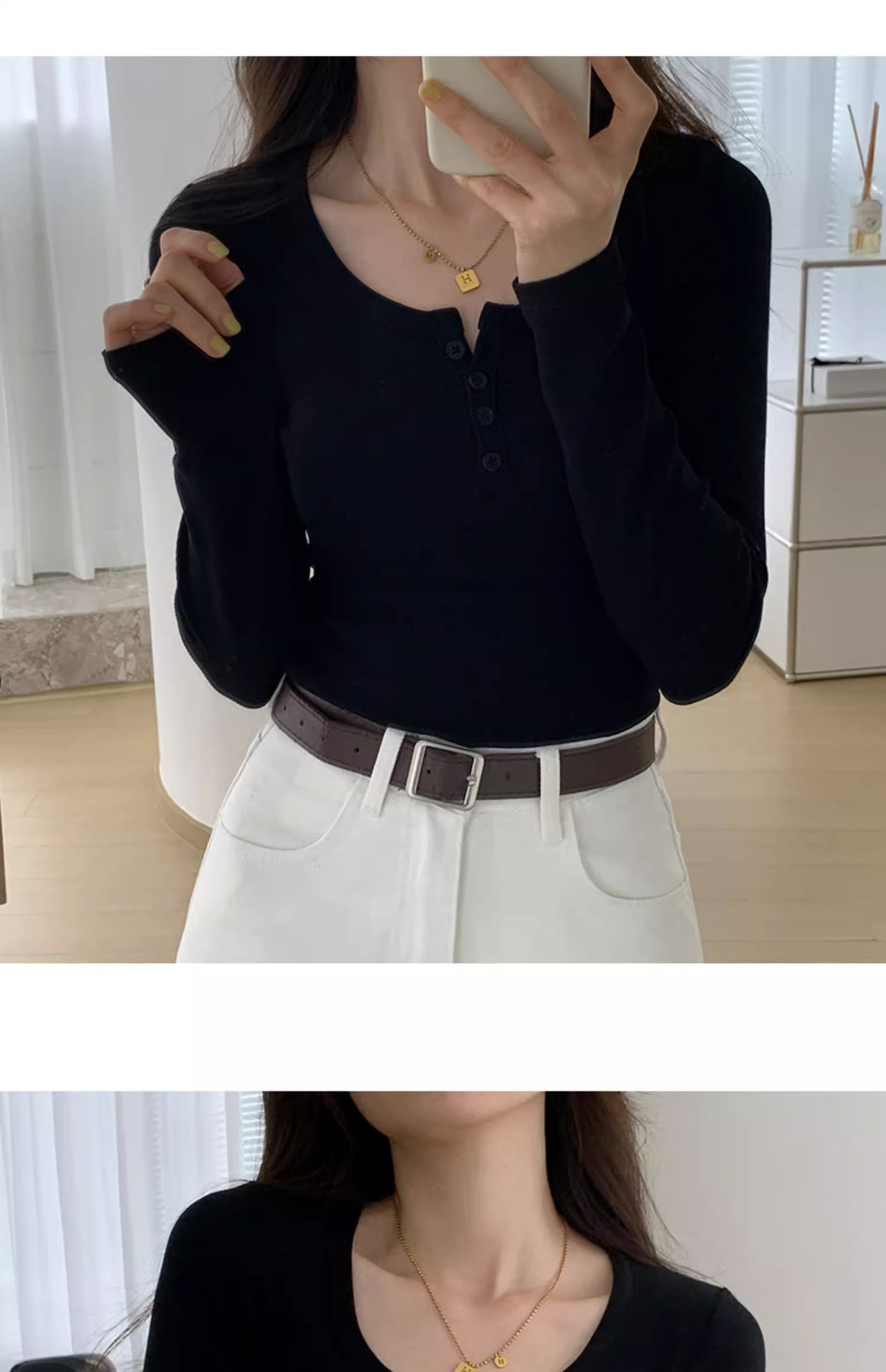 白色长袖t恤女2023秋装新款女装内搭上衣正肩体恤螺纹V领打底衫详情23