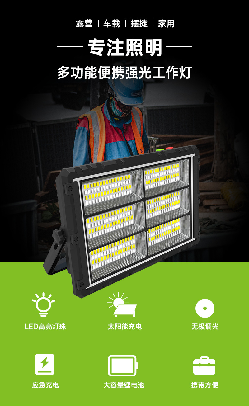 无极冷暖光可调节高亮室内户外太阳能板可拆卸投光灯便携移动电源详情1