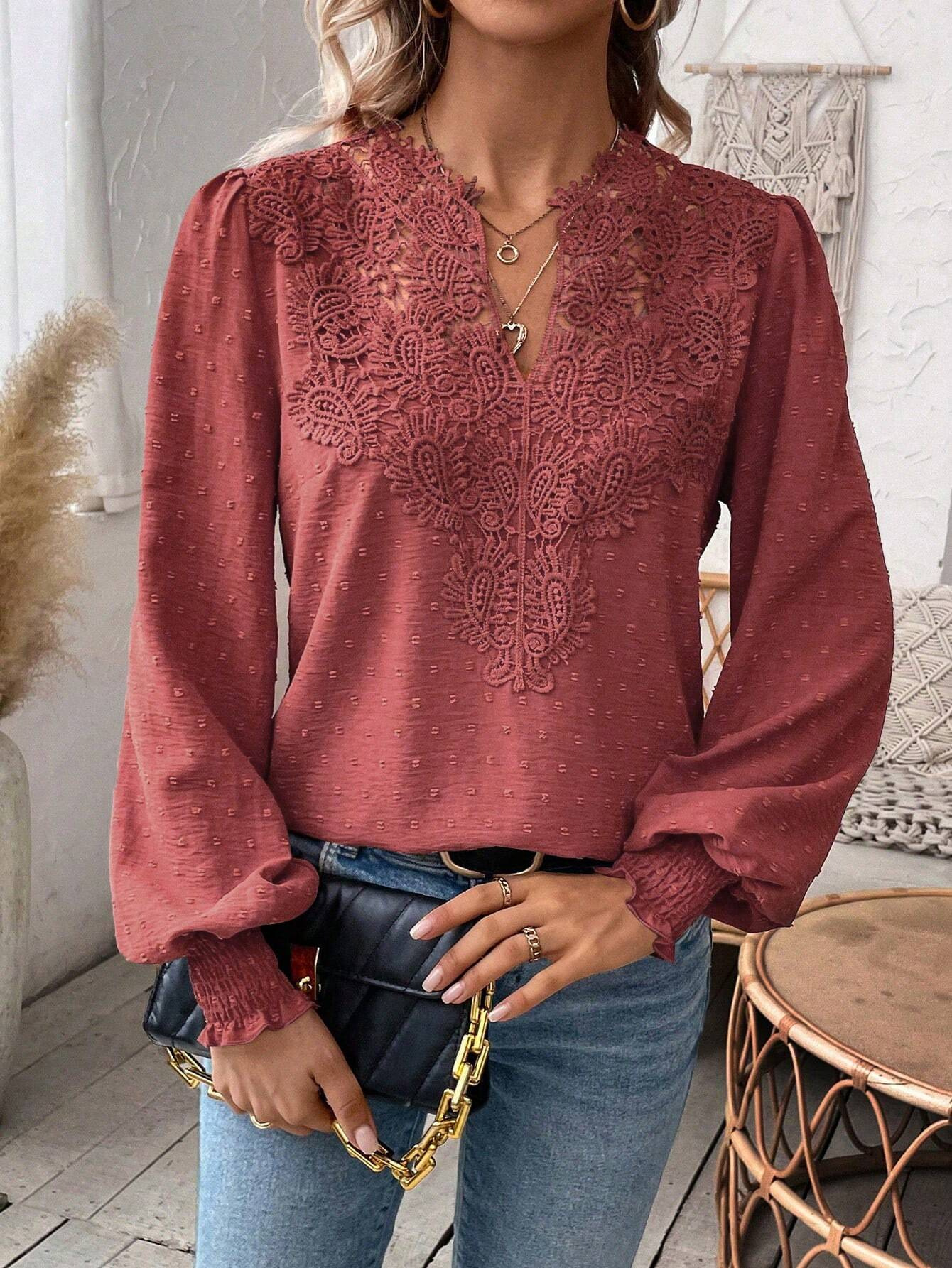 The new autumn and winter fashion V-neck lace solid color long-sleeved casual T-shirt for women on Amazon Cross-border in Europe and America in 2024 pic 21