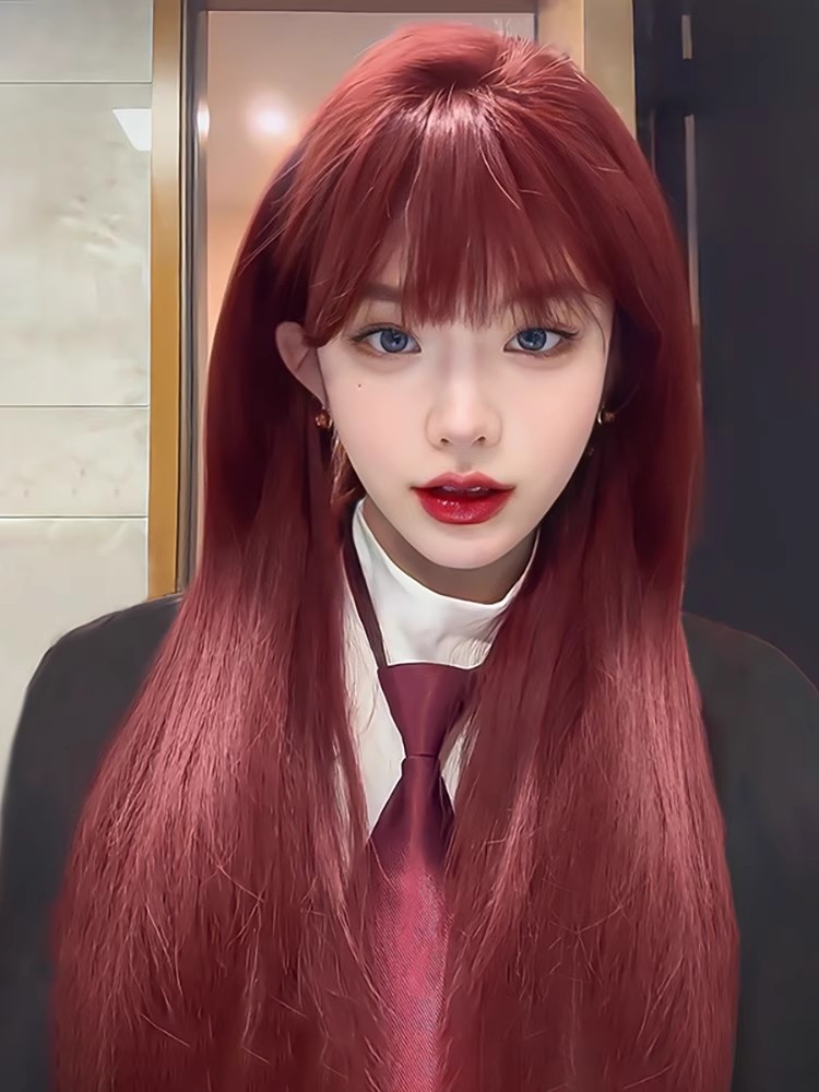 Bubble bean wig, long female hair, cold heart, straight hair, Internet celebrity cosplay air bangs, daily natural full head set pic 14