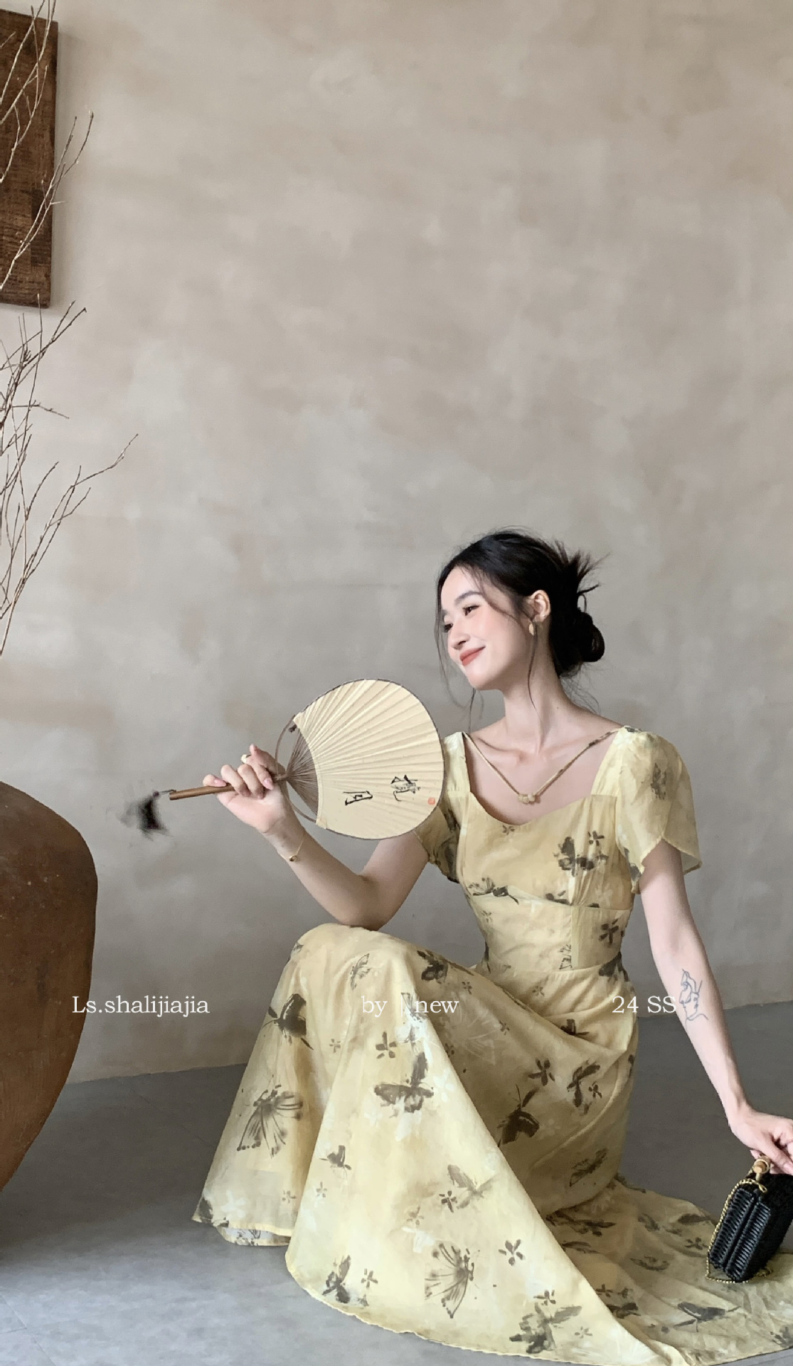 LS广州十三行春夏2024新品女装碎花度假优雅修身方领连衣裙51250#详情6