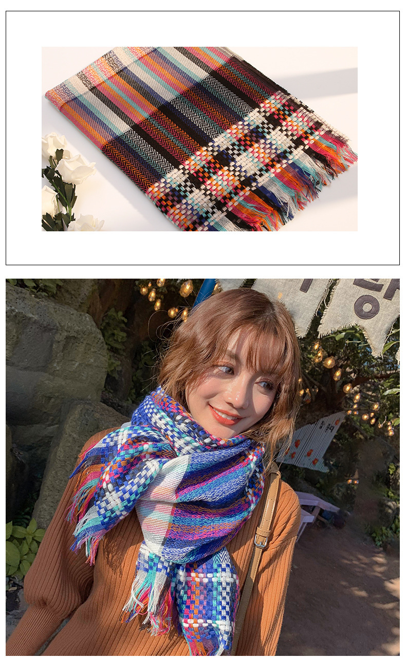 秋冬新款韩版围巾女草编彩条时尚披肩加长加厚保暖田园风围巾详情12