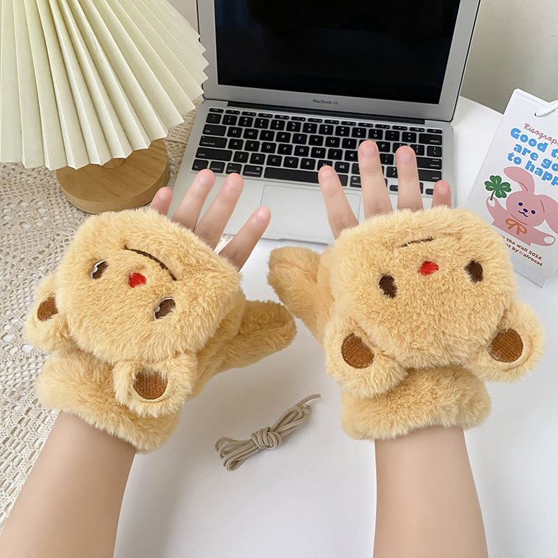 手套冬季女可爱卡通黄色小熊毛绒翻盖骑行学生保暖加绒加厚围巾详情9