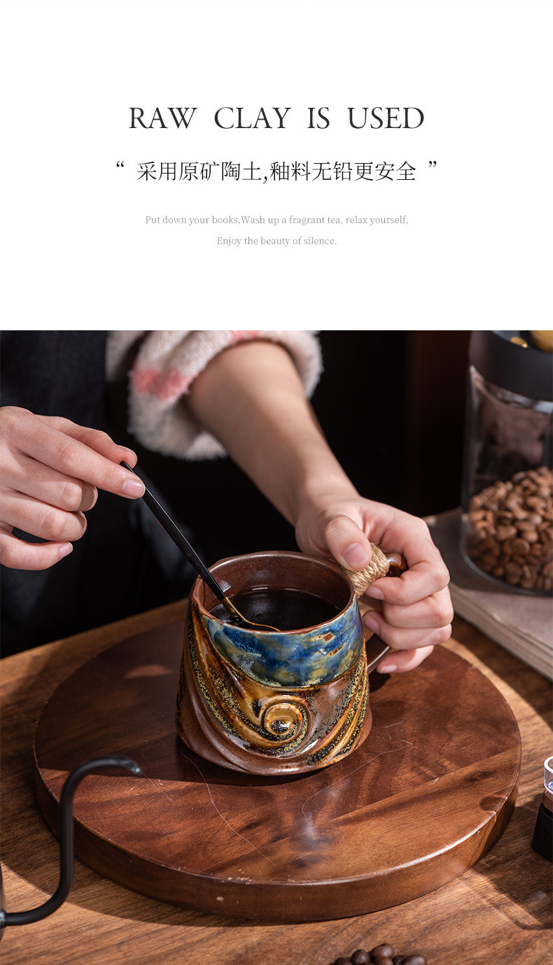 Japanese-style retro spiral hemp rope creative ceramic cups, office mugs, water cups, afternoon tea cups, coarse earthenware coffee cups pic 11