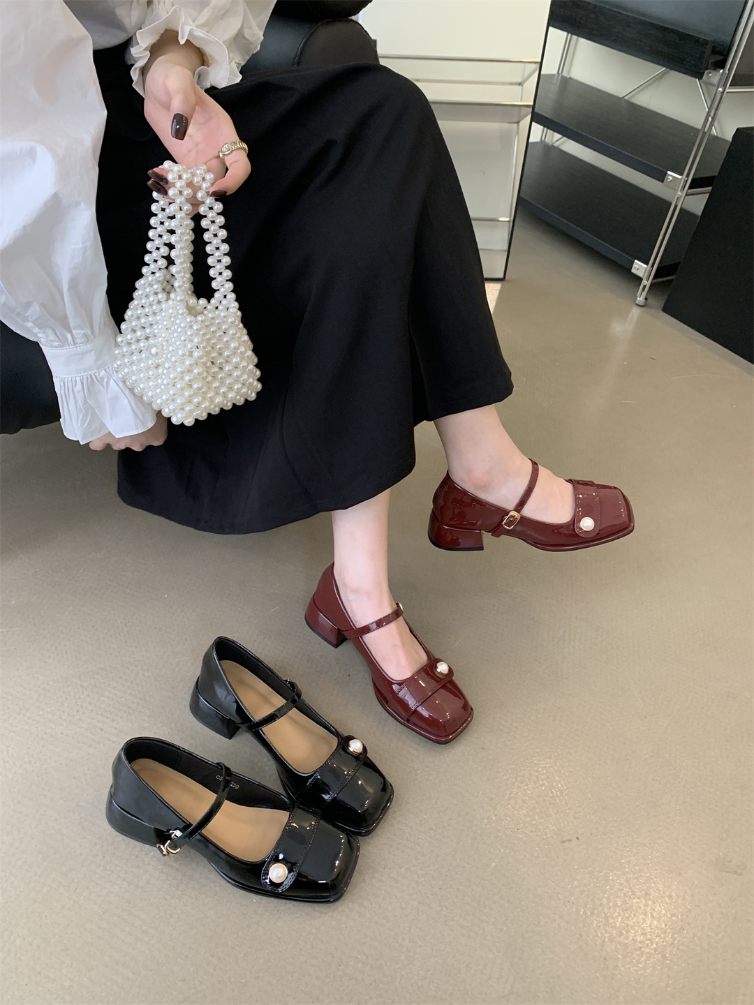 2023秋季新款时尚方头珍珠小香风纯色玛丽珍粗跟百搭时装单鞋女详情25