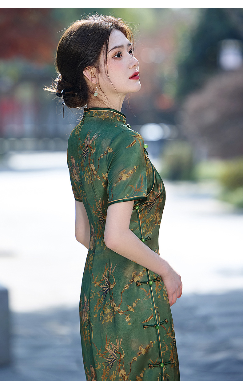 双国潮层长款优雅复古改良2025春夏绿色醋酸民国风气质修身名媛旗袍裙详情16