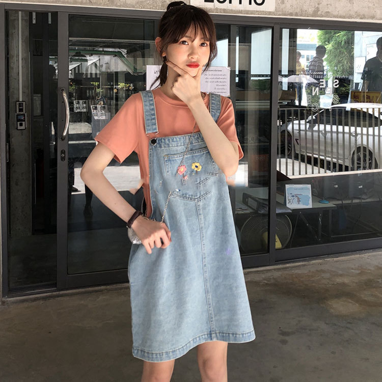 Embroidered little flower school style, youthful, loose and slimming strappy dress, Korean-style denim dress for women in summer pic 2
