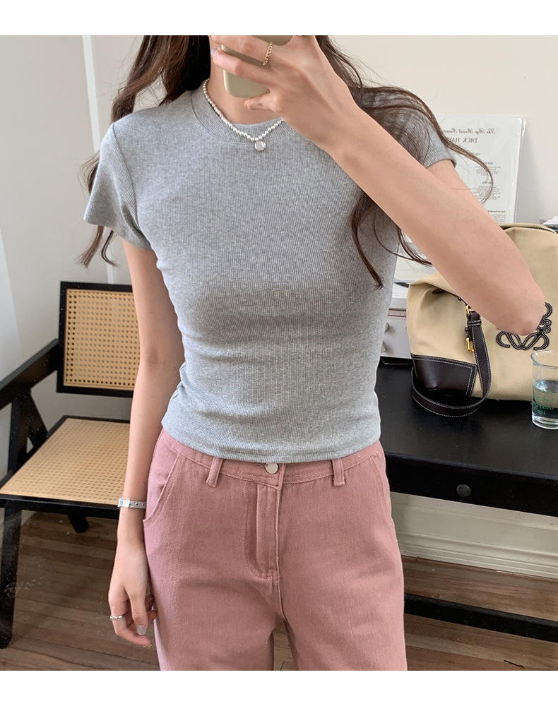 European and American style ribbed off-the-shoulder T-shirt for women, new summer style, slimming and figure-hugging, round-neck, layering short base layer pic 24