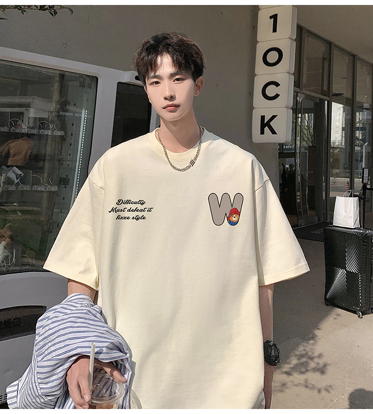 Camiseta de manga corta de estilo americano de algodón pesado hombre verano 2024 nuevo oso estampado estado de moda puerto estilo chico camiseta pic 22