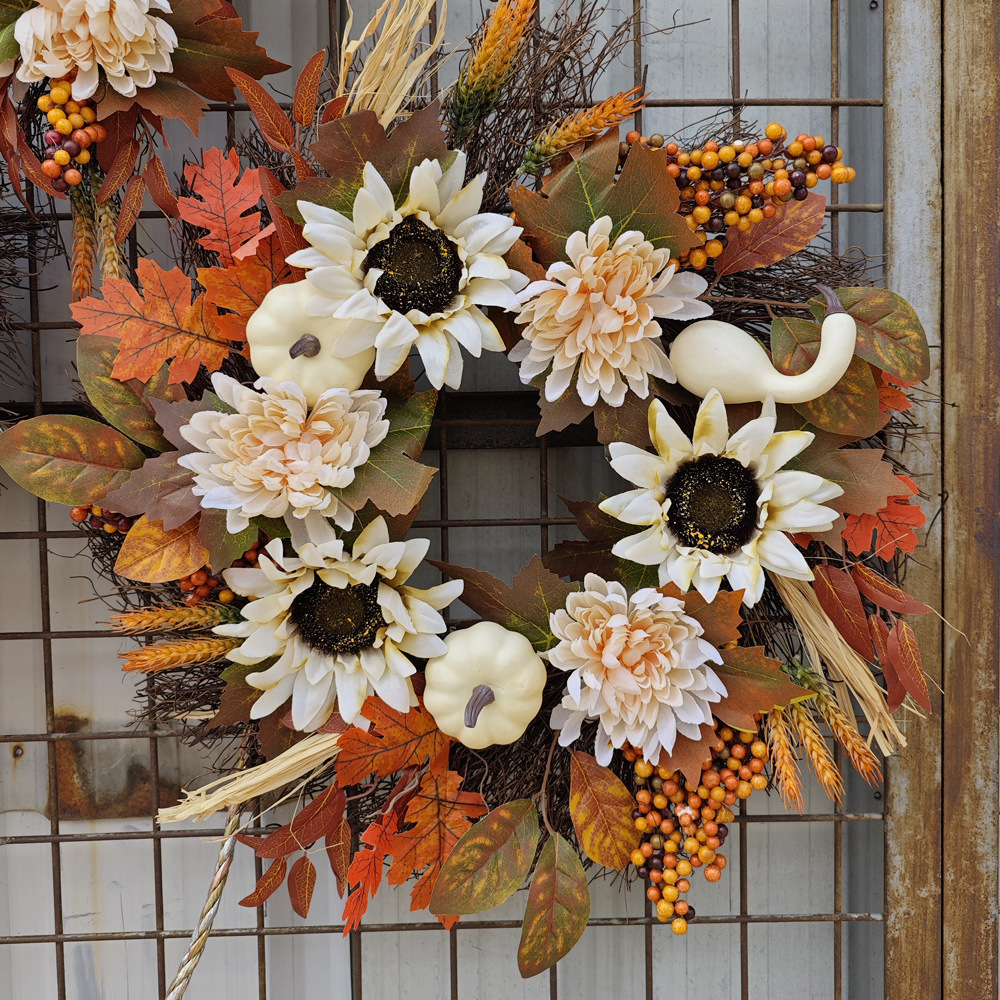 Cross-border autumn Thanksgiving white pumpkin wreath, Harvest Festival Sunflower Maple Leaf wreath decoration, door hanging ornaments pic 8