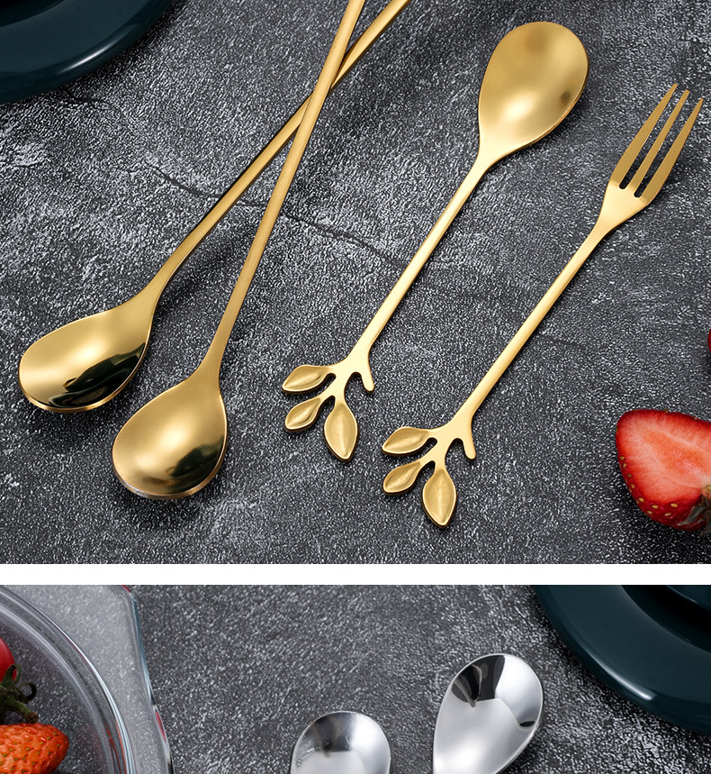 不锈钢创意高颜值树叶勺叉调羹咖啡勺家用餐勺长柄搅拌勺甜品叉子详情17