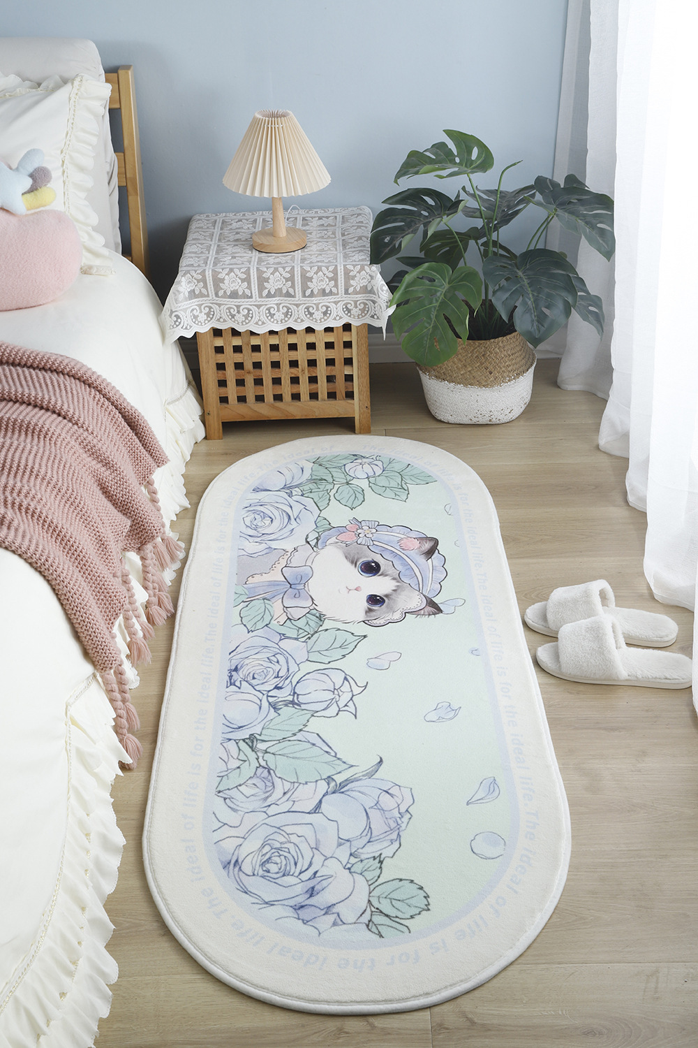 Soft bedside blanket for cute pets in home bedroom, cute bay window mat for young girls, oval thickened pet carpet pic 22