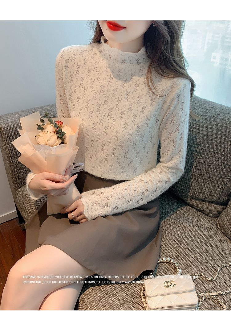 A stylish and youthful 2023 autumn collection, paired with a semi-high-neck top, long-sleeved small stand-up collar, and a youthful lace base layer for women pic 24