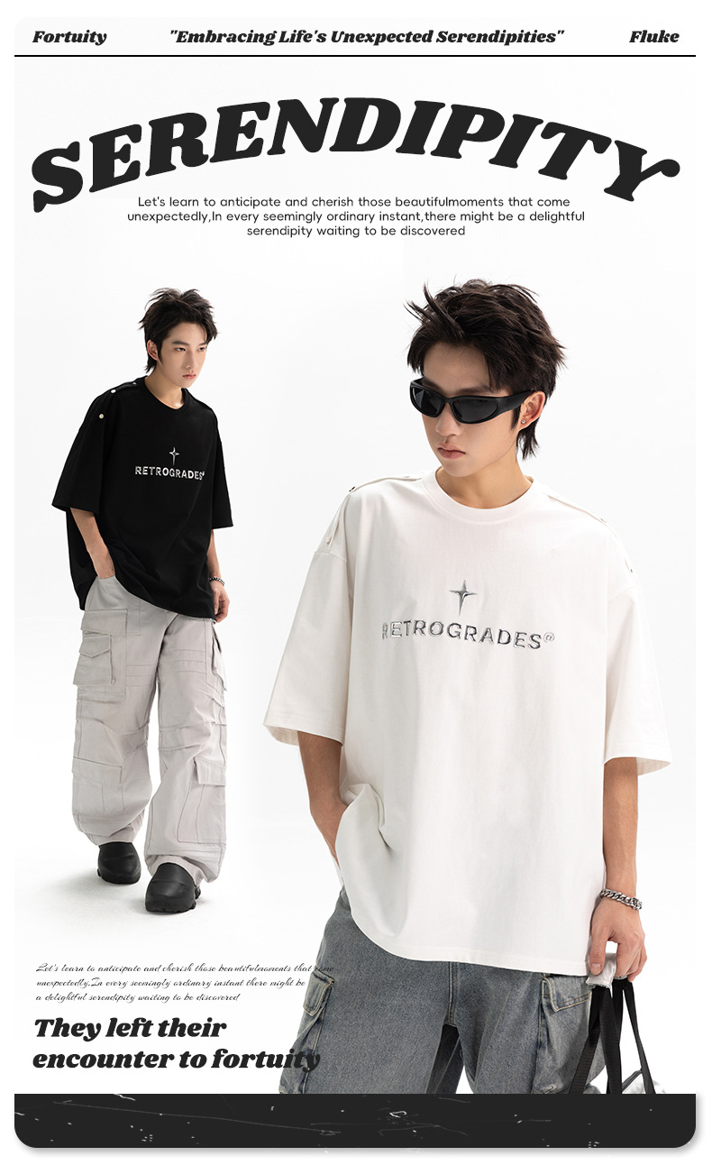 Shoulder four-button design T-shirt for men, loose American streetwear brand, metallic texture printed high street short-sleeved T-shirt, summer q pic 2